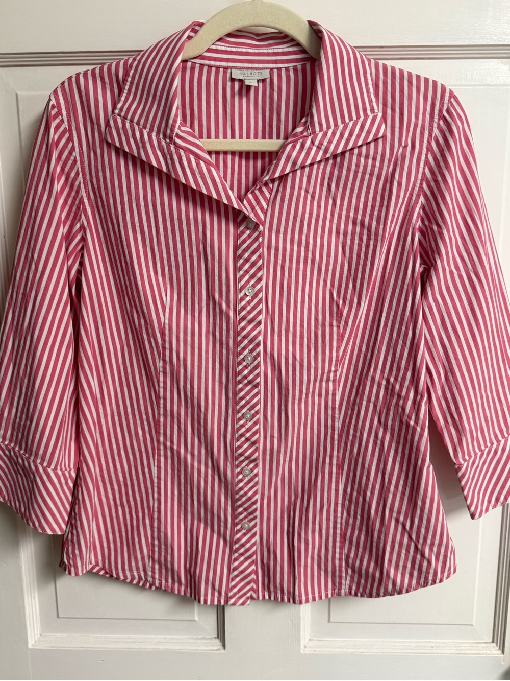 Talbots petite Pink and White Vertical Stripe Button-Front Shirt Size 10P
